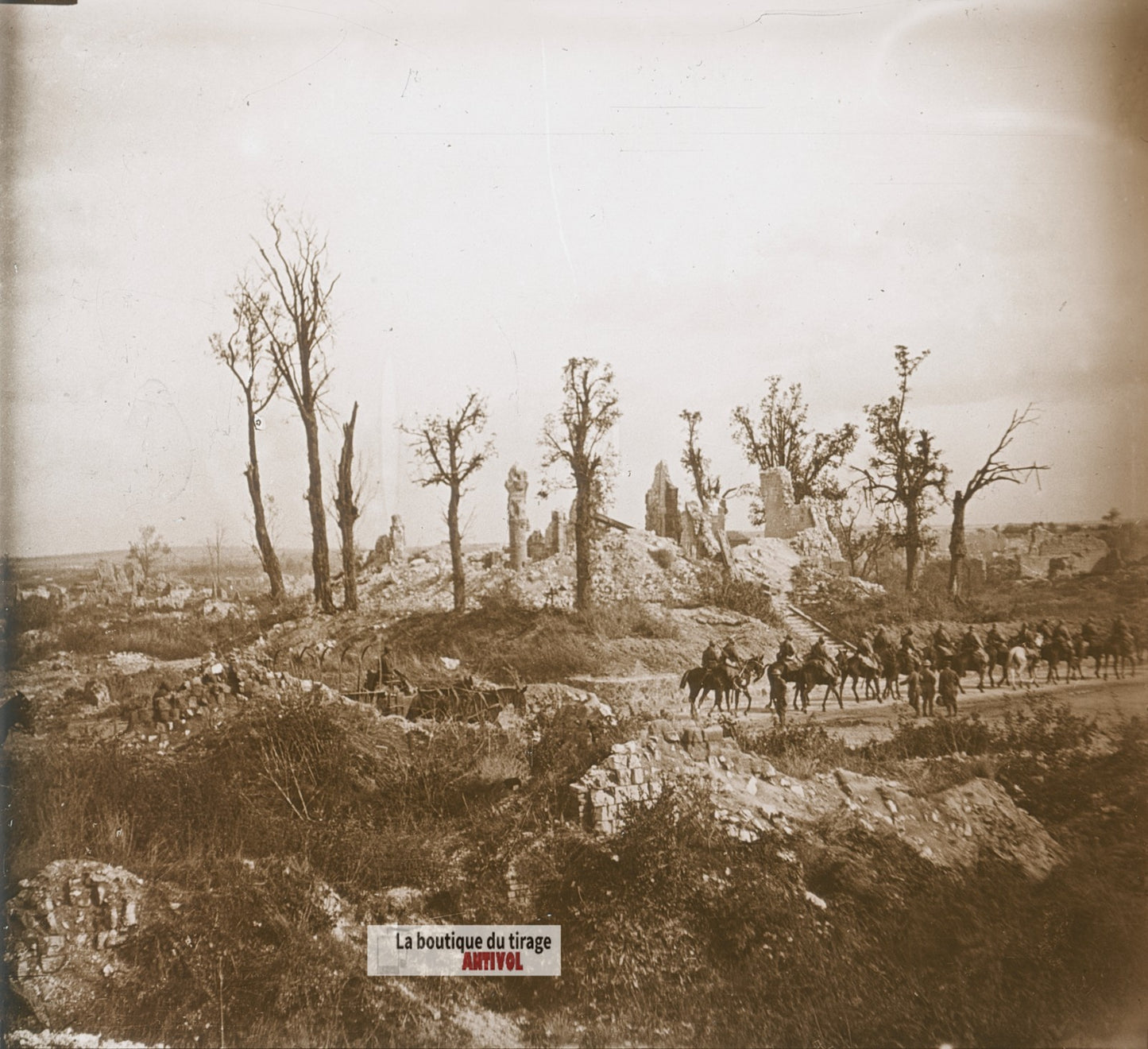 Souain, église en ruine, guerre WW1, plaque verre photo ancienne stéréo 6x13 cm