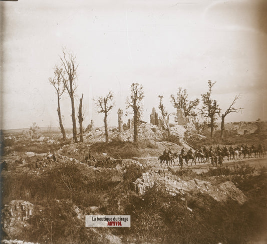 Souain, église en ruine, guerre WW1, plaque verre photo ancienne stéréo 6x13 cm