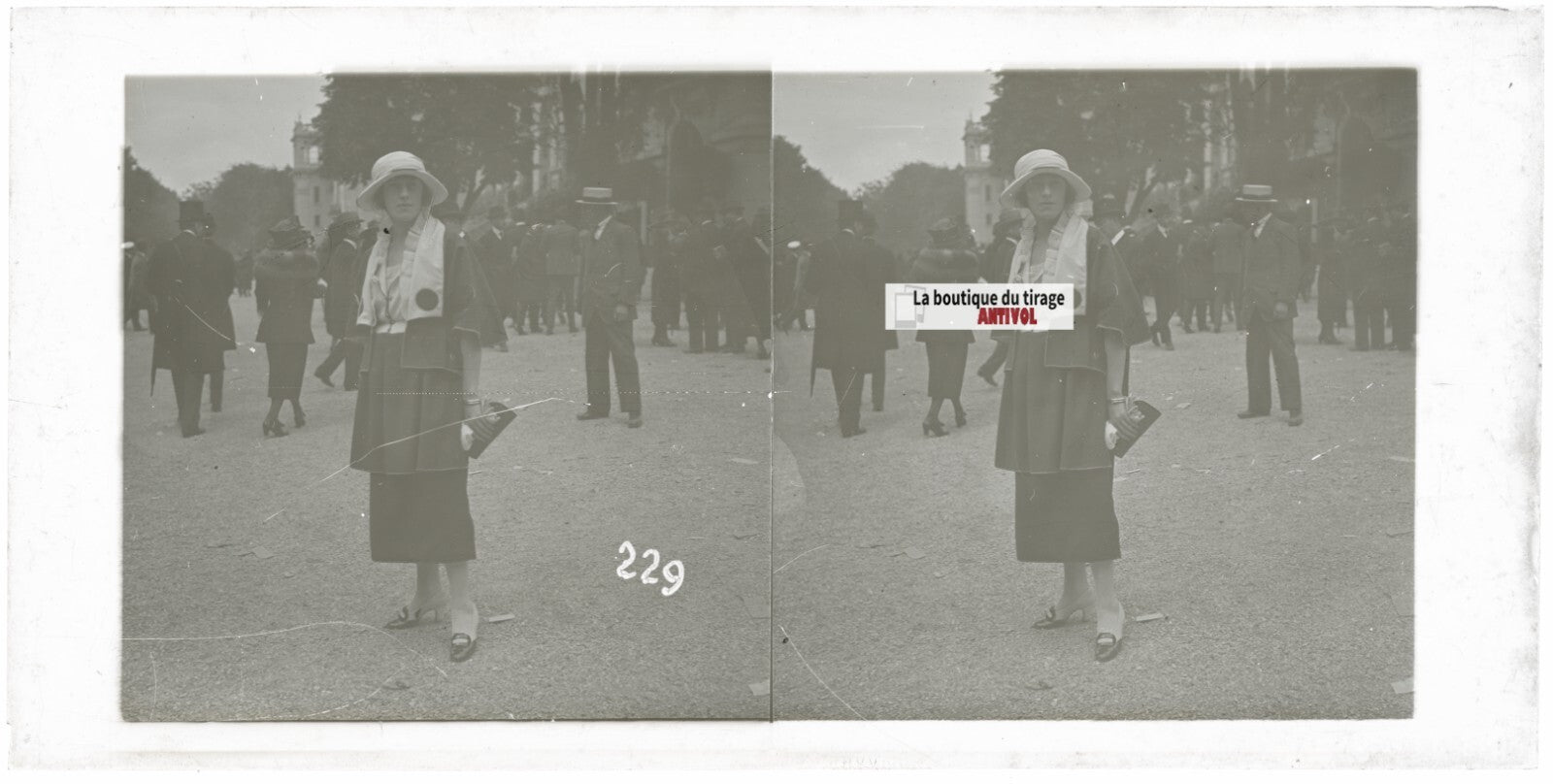 Personnages, Longchamp, Paris, plaque verre stéréoscopique, positif 8,5x17 cm