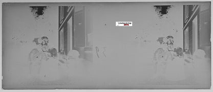 Famille, maison, Plaque verre photo stéréo, négatif noir & blanc 4,5x10,7 cm