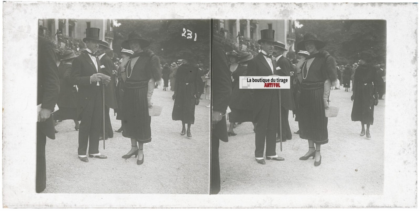 Scène de vie, Longchamp, Paris, plaque verre stéréoscopique, positif 8,5x17 cm