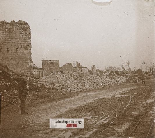 Neuville-Saint-Vaast, guerre WW1, plaque verre stéréo, photo 4,5x10,7 cm