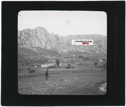 Séranon, paysage, falaise, photo ancienne plaque de verre, positif 8,5x10 cm