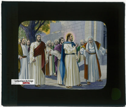 Zachée se hâta de descendre, dessin, plaque verre ancienne, couleur 8,5x10 cm