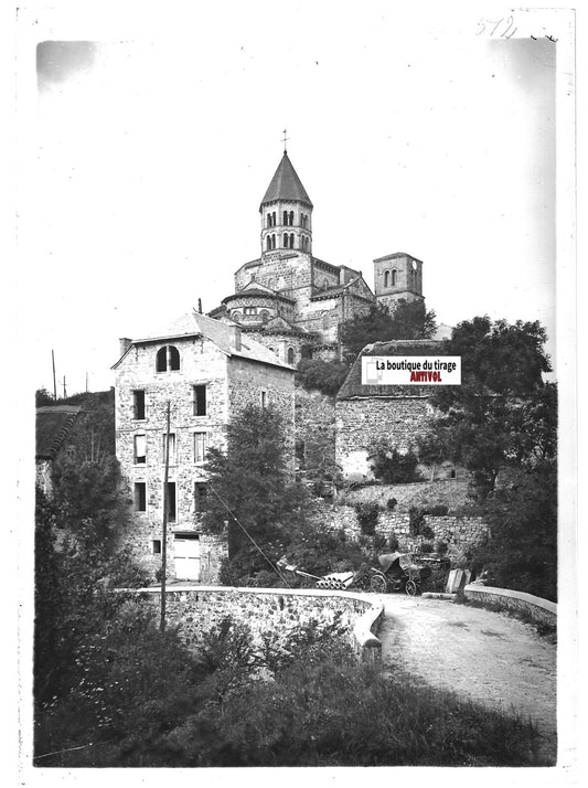 Plaque verre ancienne positif noir & blanc 13x18 cm Saint-Nectaire calèche