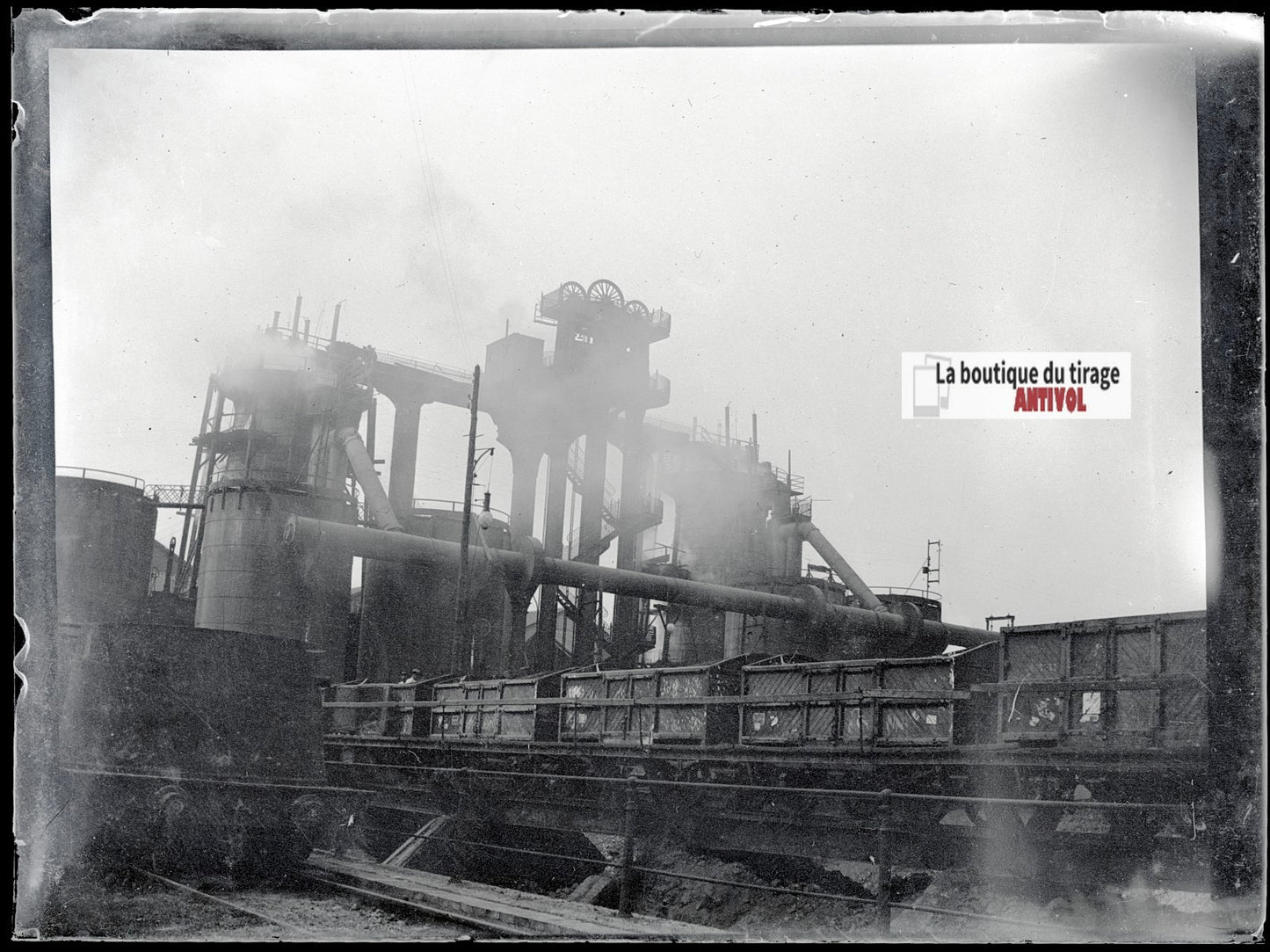 Usine, industrie, photo ancienne plaque verre, négatif noir & blanc, 9x12 cm