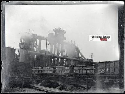 Usine, industrie, photo ancienne plaque verre, négatif noir & blanc, 9x12 cm