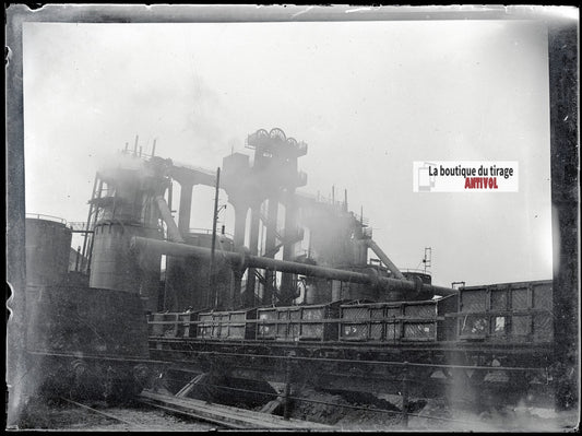 Usine, industrie, photo ancienne plaque verre, négatif noir & blanc, 9x12 cm