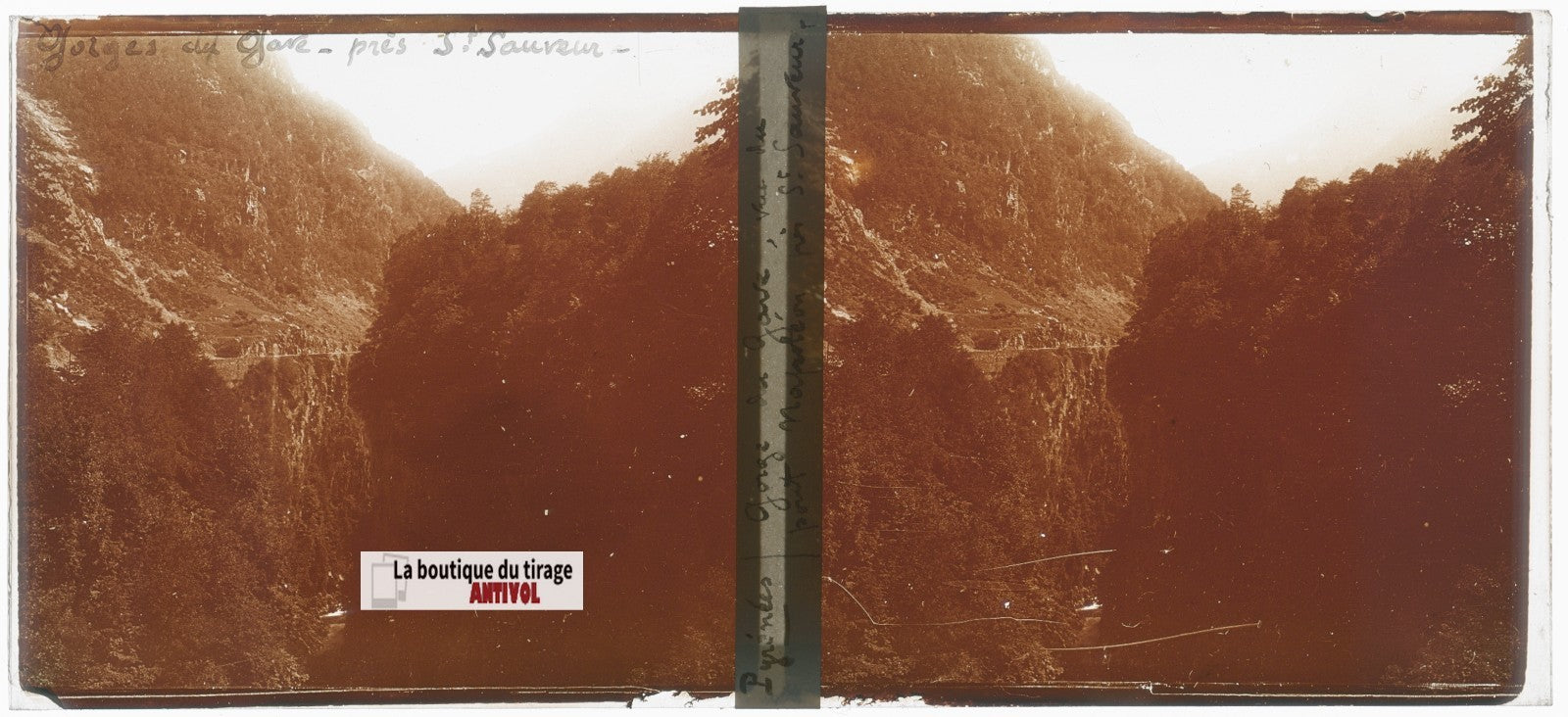 Gorges du Gave, Pyrénées, plaque verre, photo ancienne stéréo, sépia 6x13 cm