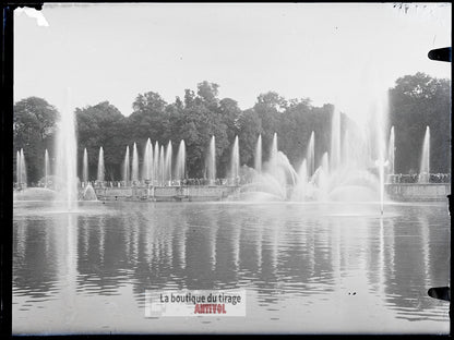 Château de Versailles, fontaines, plaque verre, photo ancienne, négatif 9x12 cm