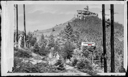 Plaque verre photo, négatif noir & blanc 9x14 cm, Dabo, Chapelle, hôtel, dessin