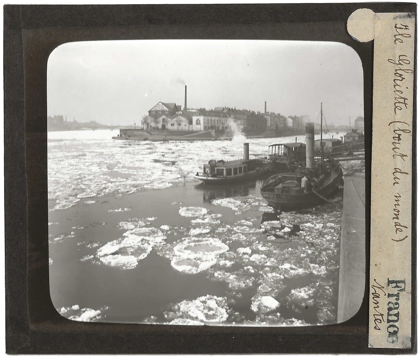 Île Gloriette Nantes, bateaux, photo ancienne plaque verre, positif 8,5x10 cm