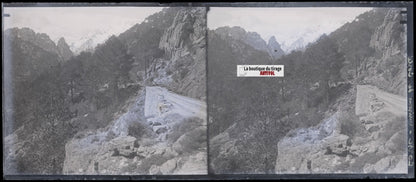 Montagne, route, paysage, photo ancienne plaque verre, négatif 8x18 cm
