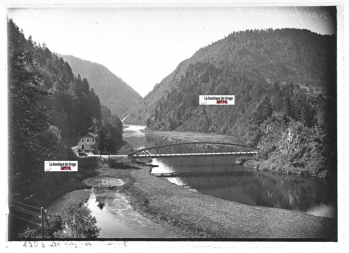 Plaque verre photo ancienne positif noir et blanc 13x18 cm Biaufond Doubs, pont