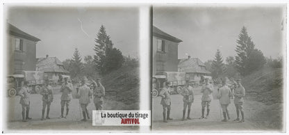 Régiment, camion, soldats WW1, plaque verre photo ancienne stéréo 6x13 cm