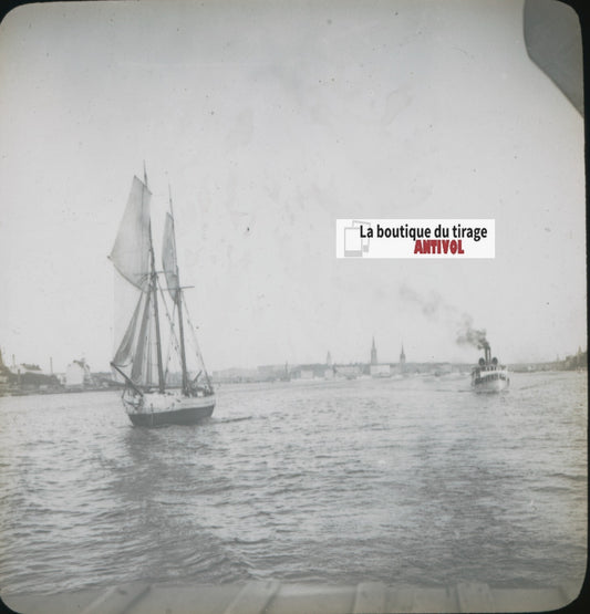 Stockholm, Suède, bateaux, photo plaque verre, noir & blanc, positif 8,5x10 cm