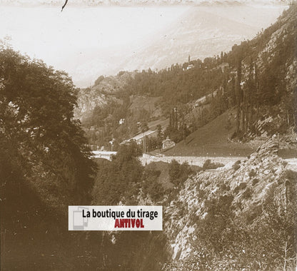 Pont Napoléon, Pyrénées, plaque verre, photo ancienne stéréo, sépia 6x13 cm