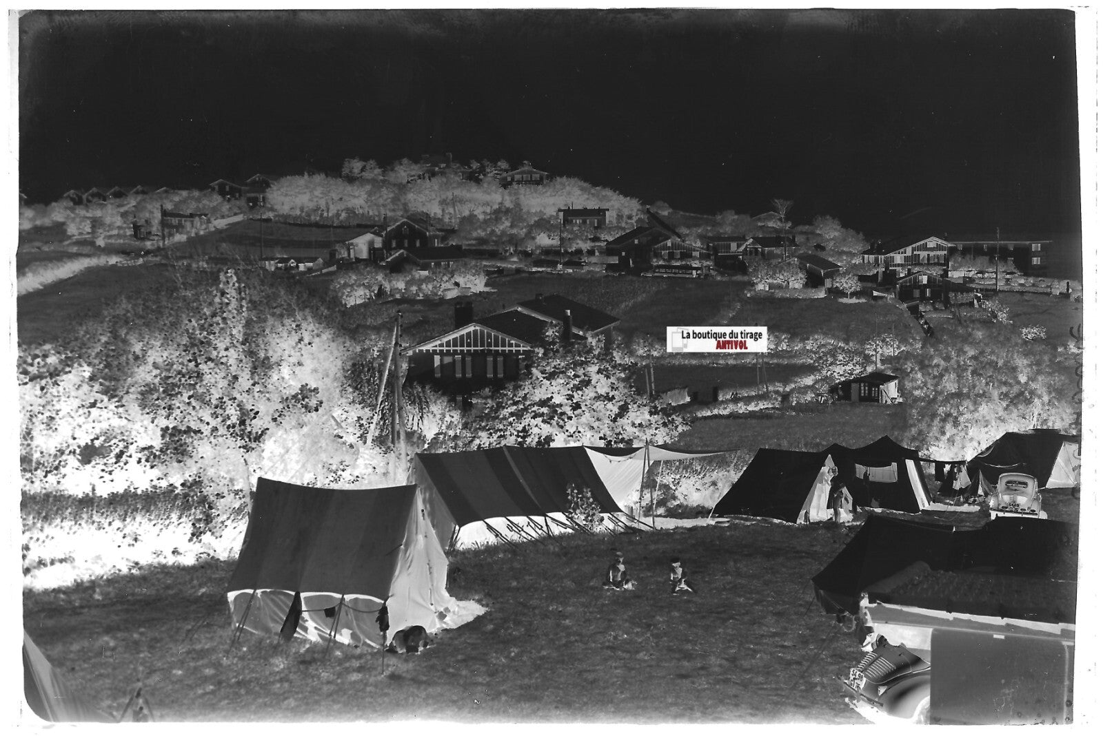 Bidart camping, Plaque verre photo ancienne, négatif noir & blanc 10x15 cm