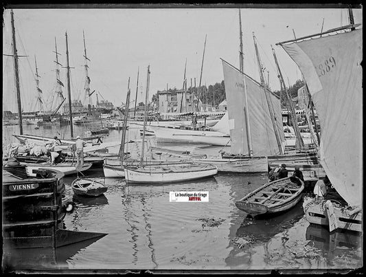 Port, bateaux marins, Plaque verre photo ancienne, négatif noir & blanc 9x12 cm