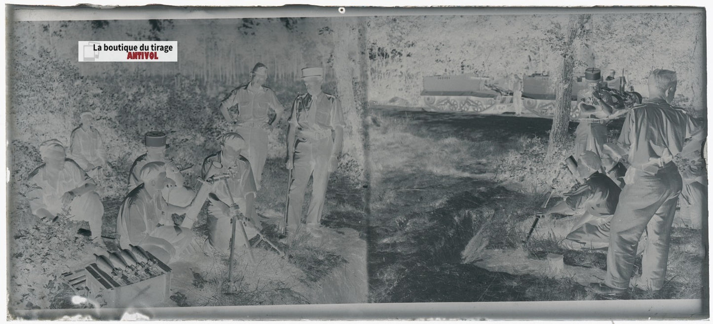 Camp du Ruchard, tir mortier, plaque verre, photo ancienne, négatif N&B 6x13 cm