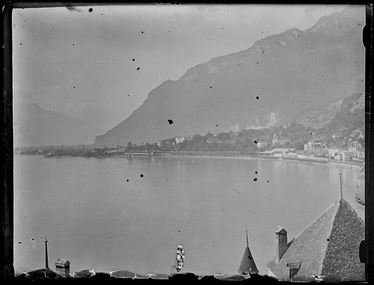 Plaque verre photo ancienne noir et blanc négatif 9x12 cm lac Chillon Suisse