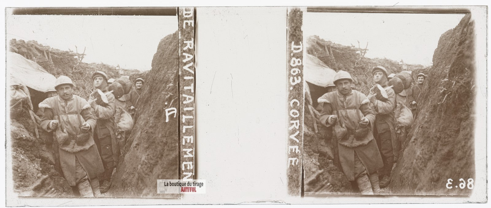 Corvée de ravitaillement, guerre WW1, plaque verre stéréo, photo 4,5x10,7 cm