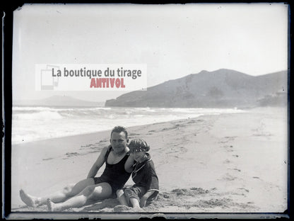 Bain de mer, Oran, Algérie, plaque verre, photo ancienne, négatif 9x12 cm