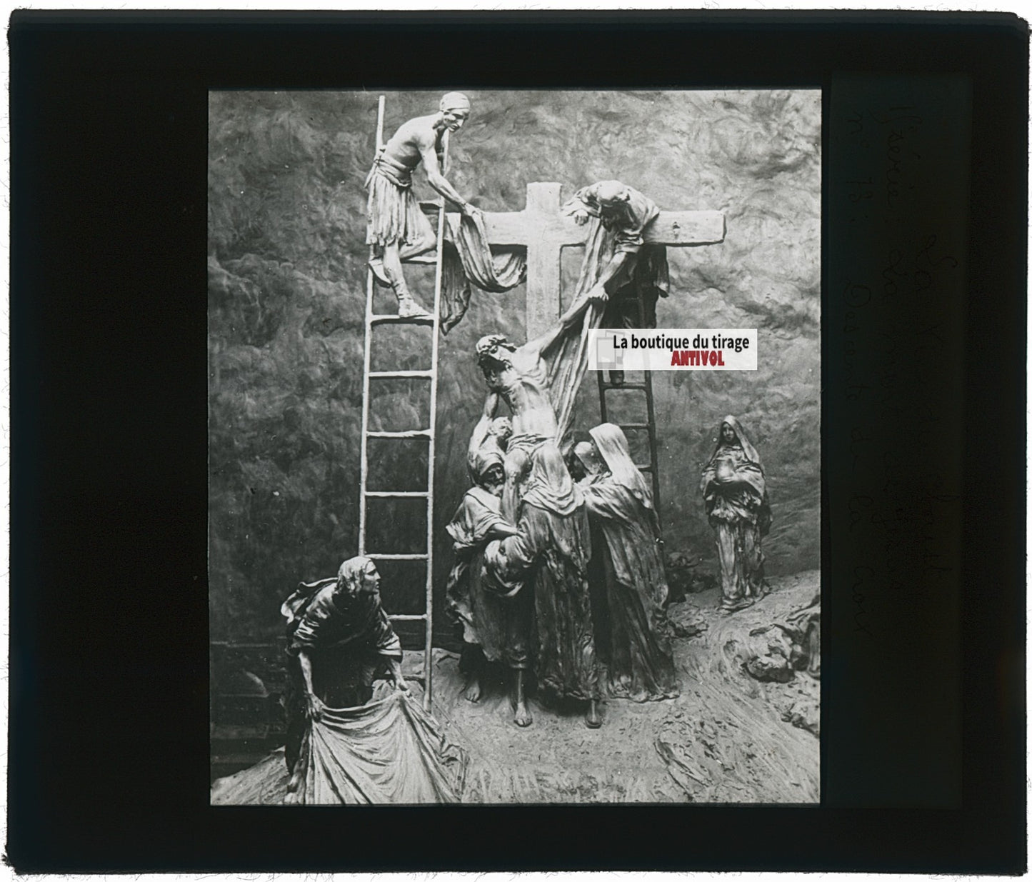 La Descente de la Croix, photo ancienne plaque verre, noir & blanc, 8,5x10 cm