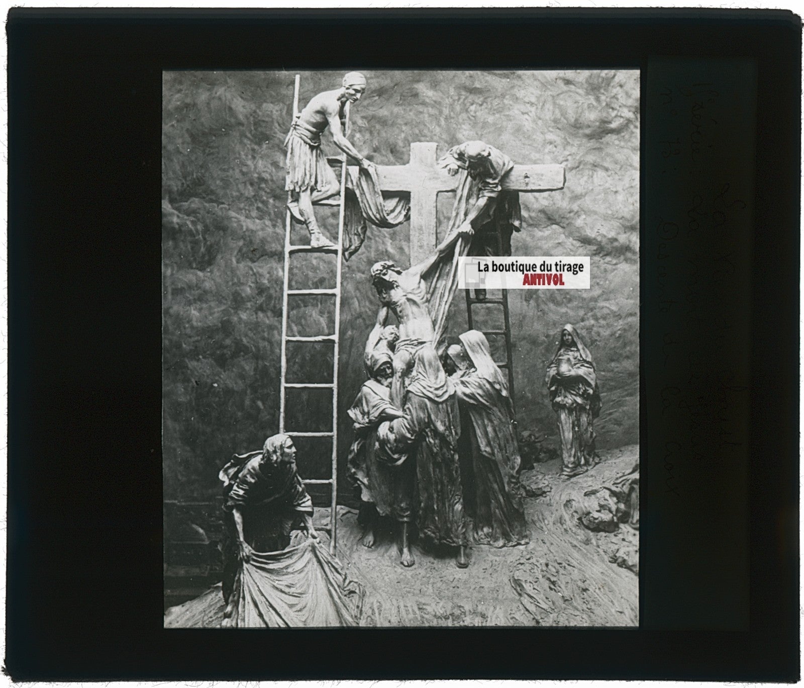 La Descente de la Croix, photo ancienne plaque verre, noir & blanc, 8,5x10 cm