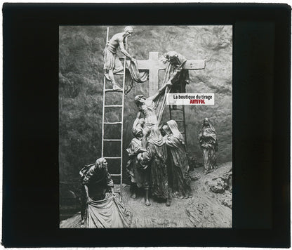 La Descente de la Croix, photo ancienne plaque verre, noir & blanc, 8,5x10 cm