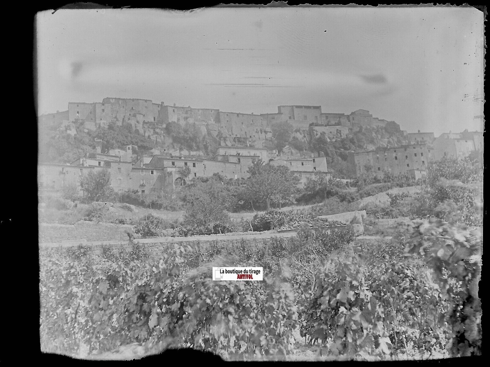 Village à situer, Plaque verre photo ancienne, négatif noir & blanc 9x12 cm