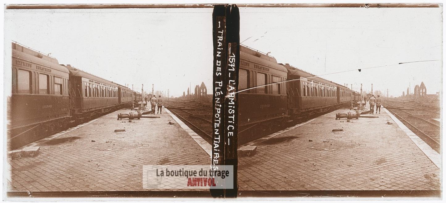 Armistice, train plénipotentiaires, plaque verre photo ancienne stéréo 6x13 cm