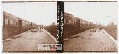 Armistice, train plénipotentiaires, plaque verre photo ancienne stéréo 6x13 cm