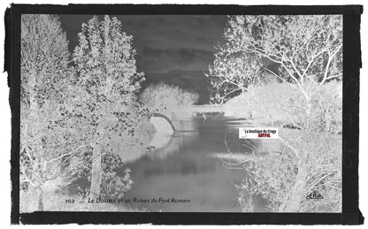 Plaque verre vintage négatif noir & blanc 9x14 cm, ruine pont Romain, Doubs