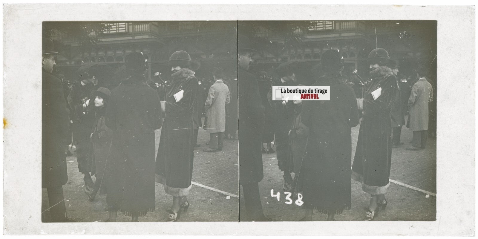 Scène de vie, Longchamp, Paris, plaque verre stéréoscopique, positif 8,5x17 cm