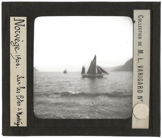 Bateaux, paysages, Norvège, photo ancienne plaque de verre, positif 8,5x10 cm