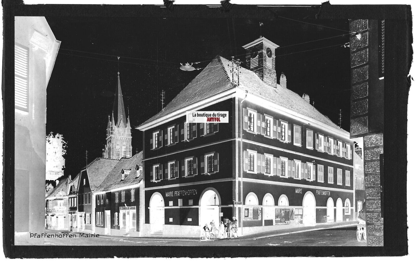 Plaque verre photo ancienne, négatif noir & blanc 9x14 cm, Pfaffenhoffen, mairie