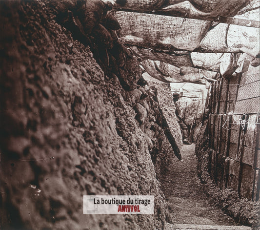 Boyau camouflé, Champagne, guerre WW1, plaque verre stéréo, photo 4,5x10,7 cm