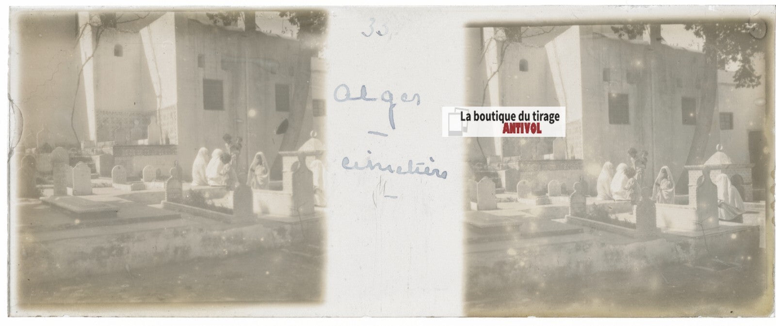 Cimetière, Alger, Algérie, Plaque verre stéréo, positif noir & blanc 4,5x10,7 cm