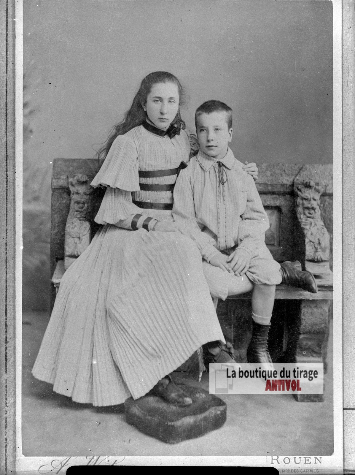 Portrait de deux enfants, banc, plaque verre photo ancienne, négatif 9x12 cm