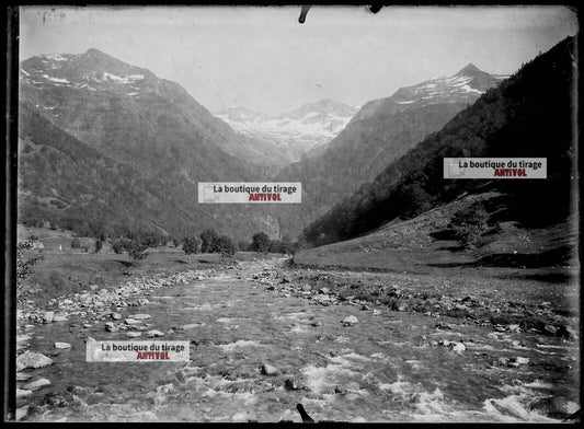 Plaque verre photo ancienne négatif noir et blanc 13x18 cm paysage montagne