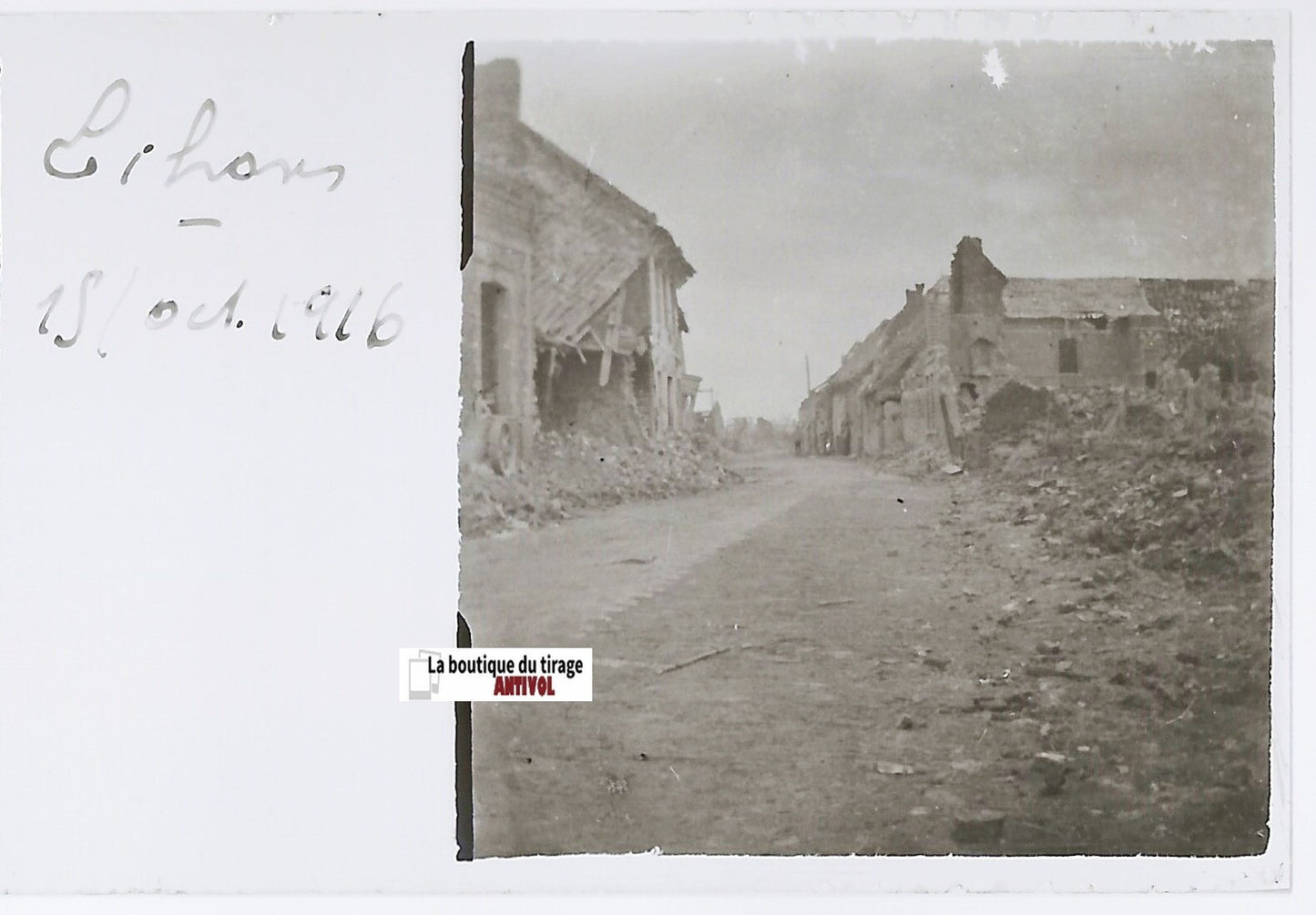 Lihons, ruines WW1, Plaque verre stéréo, positif noir & blanc 4,5x10,7 cm