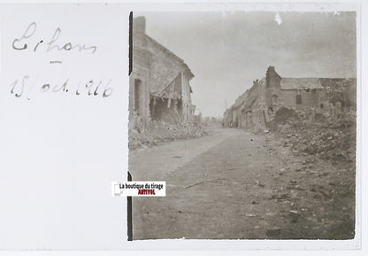 Lihons, ruines WW1, Plaque verre stéréo, positif noir & blanc 4,5x10,7 cm