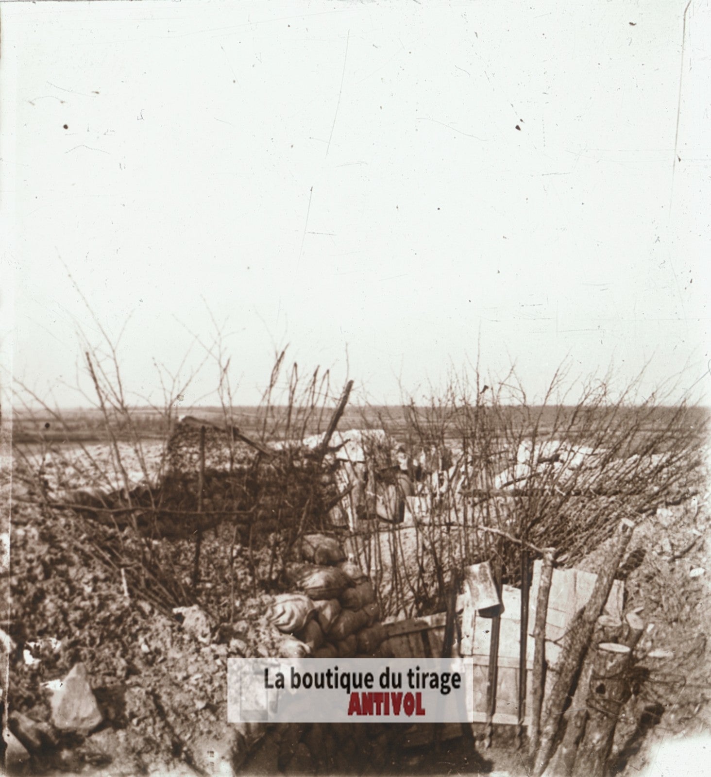 Ville-sur-Tourbe, tranchée guerre WW1, plaque verre stéréo, photo 4,5x10,7 cm