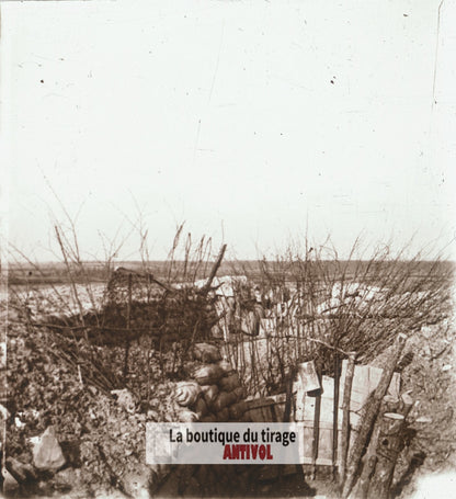 Ville-sur-Tourbe, tranchée guerre WW1, plaque verre stéréo, photo 4,5x10,7 cm