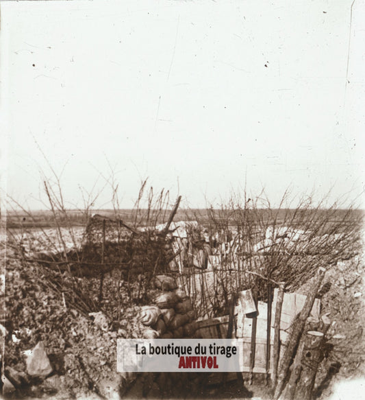 Ville-sur-Tourbe, tranchée guerre WW1, plaque verre stéréo, photo 4,5x10,7 cm