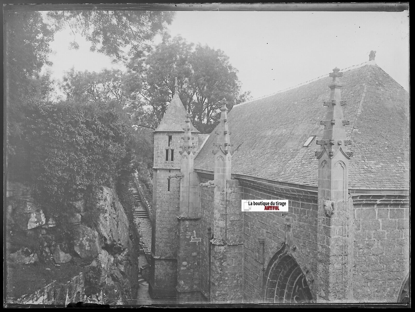 Chapelle Sainte-Barbe Faouët, Plaque verre photo, négatif noir & blanc 9x12 cm