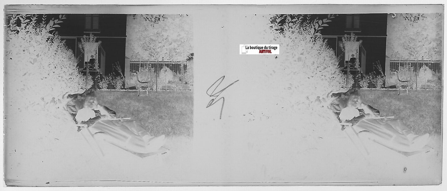 Détente, maison, Plaque verre photo stéréo, négatif noir & blanc 4,5x10,7 cm