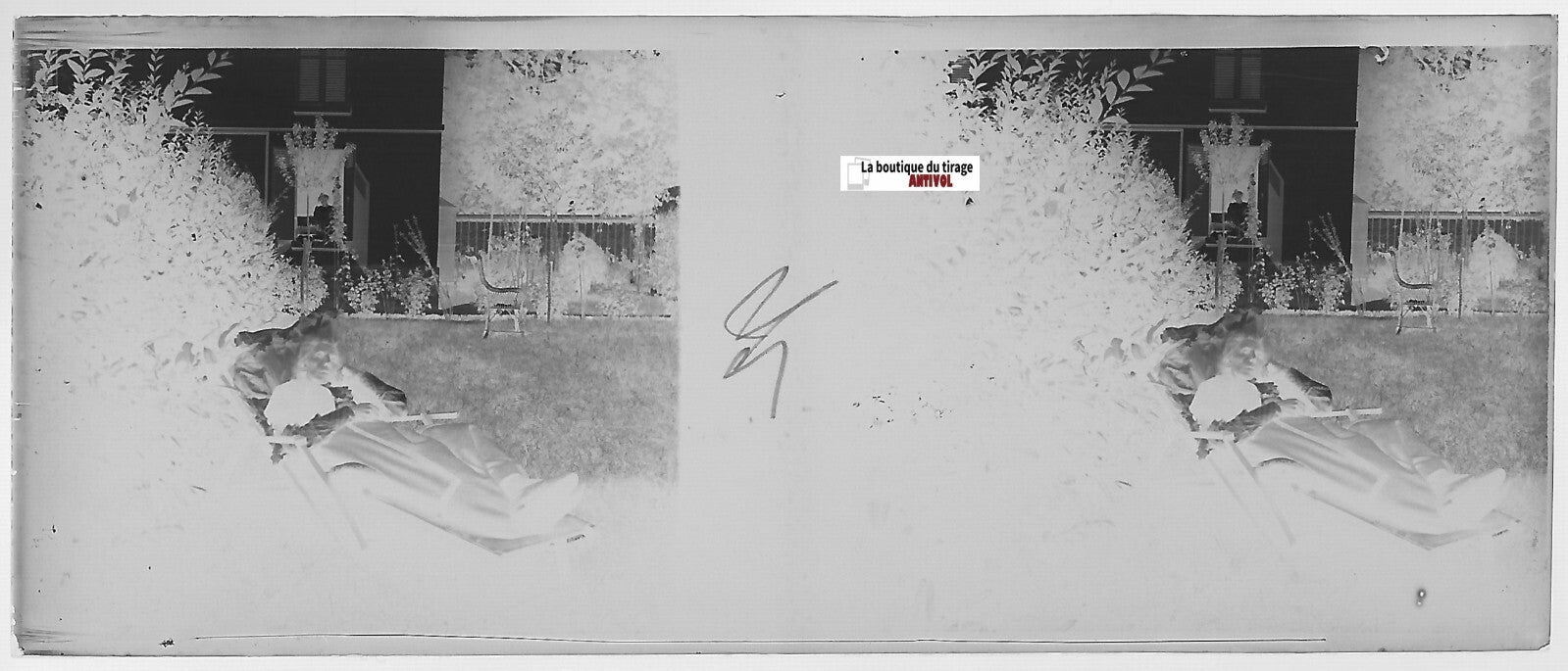 Détente, maison, Plaque verre photo stéréo, négatif noir & blanc 4,5x10,7 cm