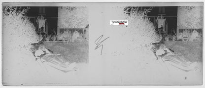 Détente, maison, Plaque verre photo stéréo, négatif noir & blanc 4,5x10,7 cm